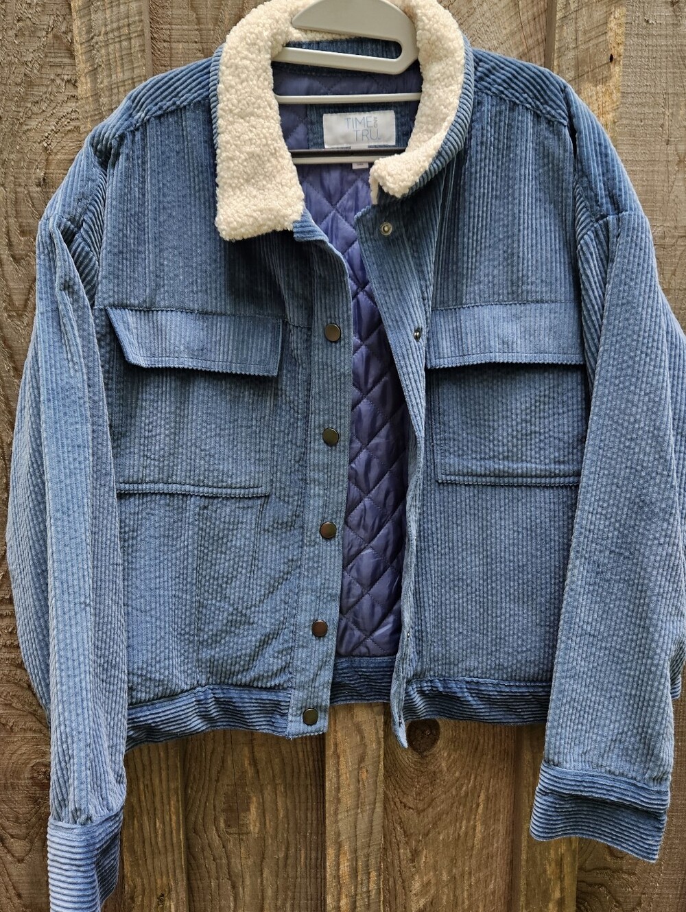 Time & Tru Womens 1X Blue Jacket Sherpa Collar Pockets Cozy Fall Bonfire